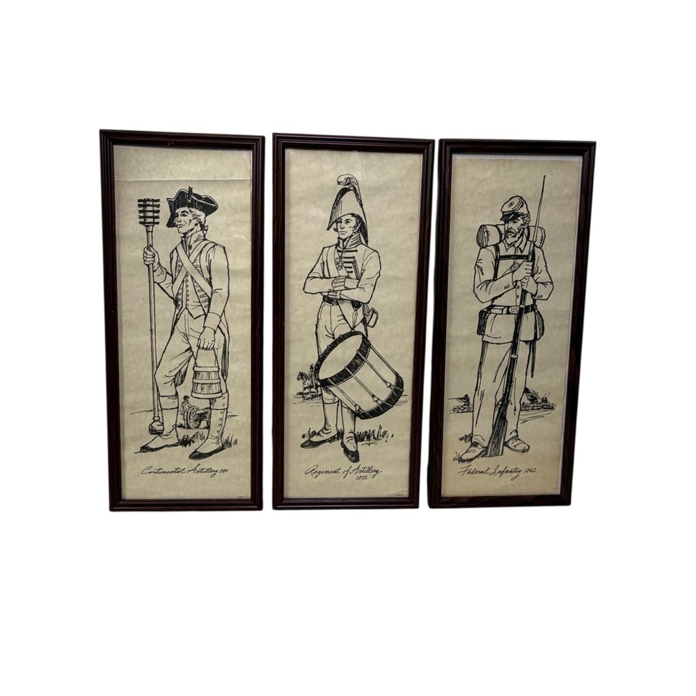 Vintage Sperry Military Uniform Prints Framed Set of 3 10x26